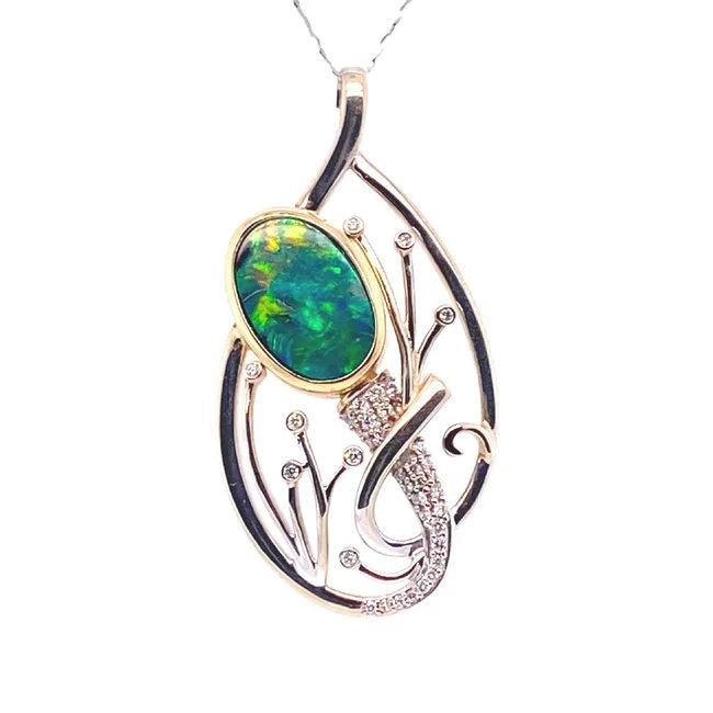 Oval Black Opal 5.01 ctw and Diamond 0.36ctw Pendant 14K White Gold 14K Yellow Gold