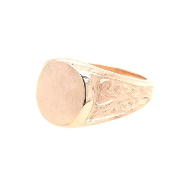 Signet Ring With Floral Side Detail 14K Whire Gold & 14K Yellow Gold