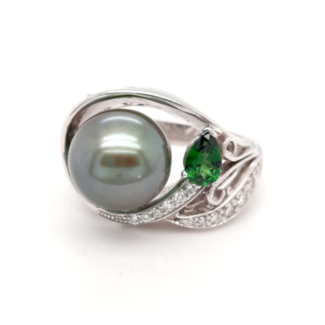 Tahitian Pearl Tsavorite & Diamond 0.35ctw Ring 14K White Gold