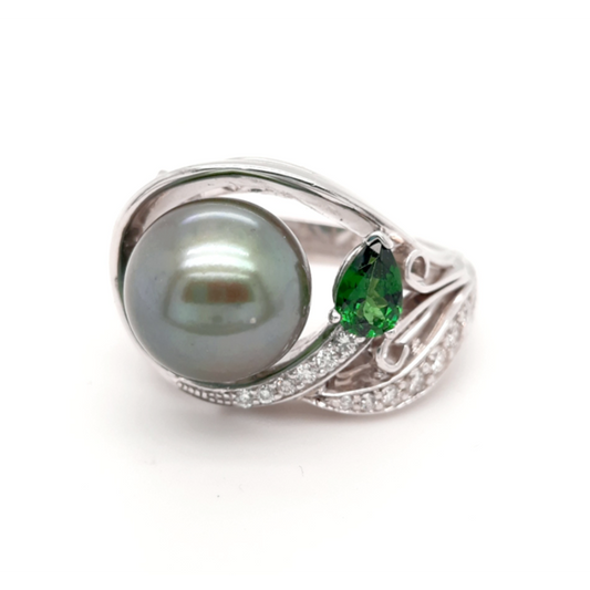 Tahitian Pearl Tsavorite & Diamond 0.35ctw Ring 14K White Gold