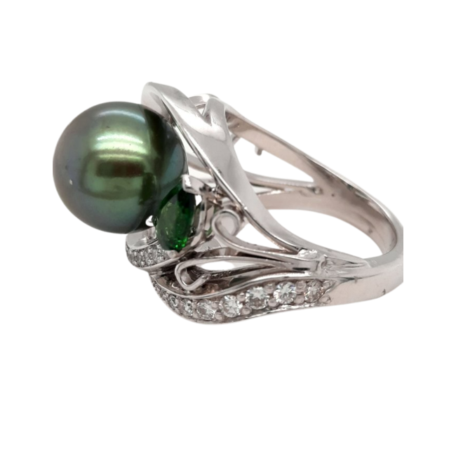 Tahitian Pearl Tsavorite & Diamond 0.35ctw Ring 14K White Gold