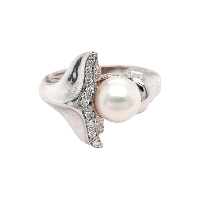 White Pearl 7.5mm Diamond Accent Whale Tail Ring 14K White Gold