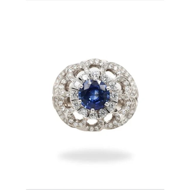 Sapphire 3.59ctw & Diamond 1.87ctw Round Floral Ring 14K White Gold