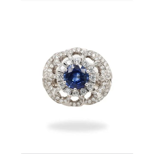 Sapphire 3.59ctw & Diamond 1.87ctw Round Floral Ring 14K White Gold